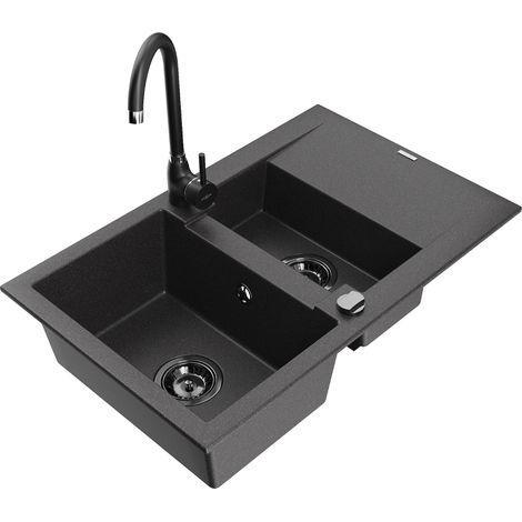 Mexen Gaspar lavello in granito 1,5 vasche con gocciolatoio e miscelatore da cucina Telma, nero maculato - 6507-76-670200-70-B (1/5)