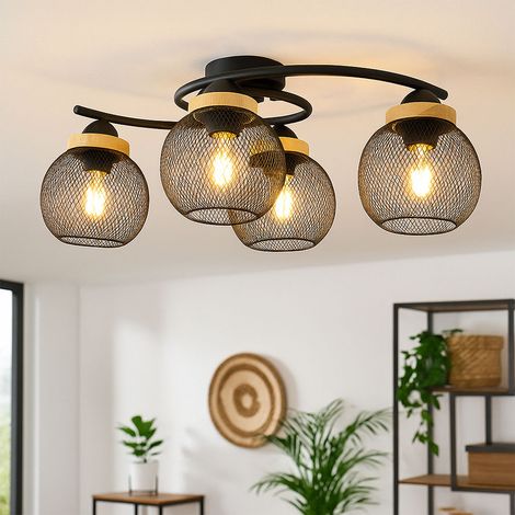 Deckenleuchte 4-Flammig Deckenlampe Holzakzent Wohnzimmerleuchte Gitterschirme schwarz, Metall, 4x 7W 806lm warmweiß, LxBxH 60x35x22 cm
