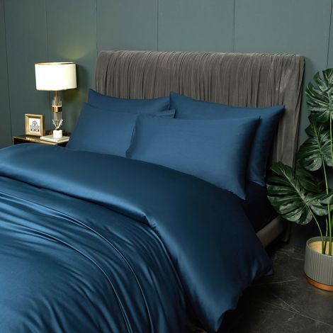 Parure de lit en bambou 200 x 220 cm - Bleu foncé uni - Fibre de bambou Lyocell - Respirant et frais - Housse de couette lit double avec fermeture éclair et 2 taies d'oreiller 80 x 80 (1/5)