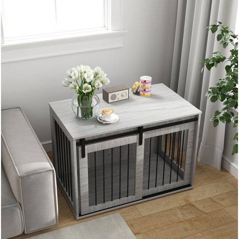 Cage pour chien 98x58x61 cm en bois gris HAVRYA (1/3)