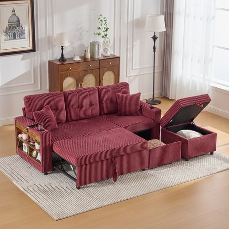 Divano letto 196x82-144x85 cm, con contenitore, USB-C, LED, braccioli con portabicchieri, corduroy, rosso vino (1/5)