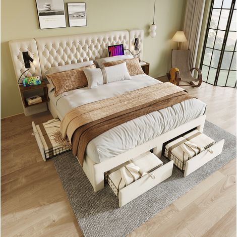 Doppelbett 180x200 cm Mit Gepolstertem Kopfteil Und Integriertem Stauraum (1/5)