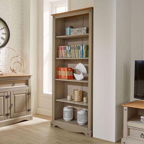 Corona Grey Tall Pine Bookcase 5 Book Shelves Mexican Solid Wood Living Room (1/4)
