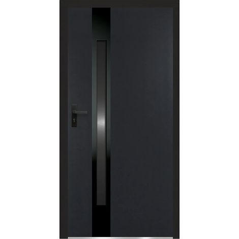 Porte d'entrée en acier pleine et inox H207 x L100 cm - verre fumé - anthracite et noir - épaisseur 90 mm - poussant droit - BRAGA (1/4)