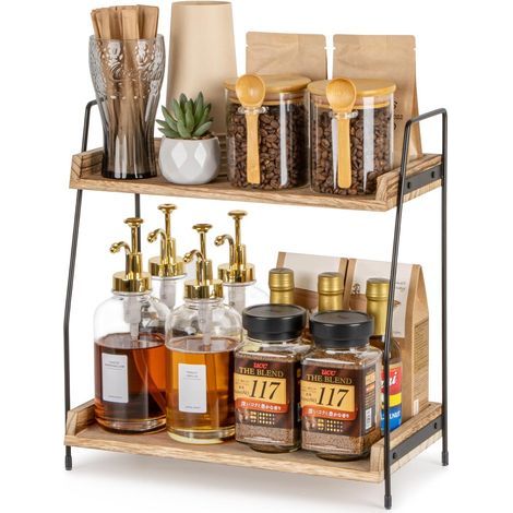 Kaffeestation-Organizer für die Arbeitsplatte, 2-stöckiges Kaffeebar-Zubehör und Organizer, Aufbewahrung und Organisation aus Holz für die Küche, Arbeitsplatten-Organizer für Küche, Zuhause, Büro – Br (1/5)