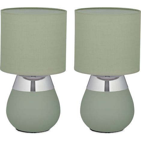 Relaxdays Tischlampe, 2er Set, Metallfuß, Stoffschirm, E14, H x D: 32 x 18 cm, Nachttischlampe mit Kabel, grün/silber