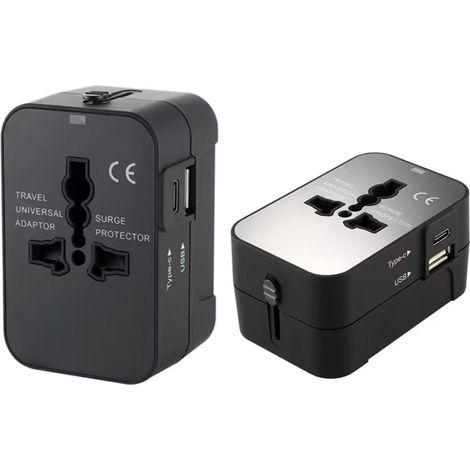 Adaptateur de voyage universel avec ports USB-C et USB, 8 broches - Adaptateur de voyage - Prise USB - Noir (1/5)
