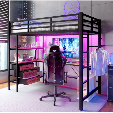 Cama alta moderna de metal negro 90x200 cm con escritorio, LED, 3 cajones, estantes, escalera, enchufe y USB