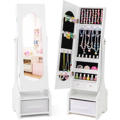 Armoire à bijoux enfant blanche sur pied avec miroir intégral, rangements et 2 angles réglables pour chambre et dressing (1/5)