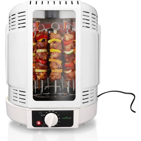 NutriChef Girarrosto Elettrico Verticale Kebab con Spiedo e Griglia, Torre Cestello e Vassoio, per Carne, Pollo, Tacchino, Agnello, Bianco (1/5)