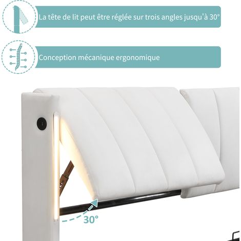 Lit hydraulique 140x190 cm avec tête de lit ajustable, éclairage LED intégré, port USB de recharge, rangement spacieux, roulettes PU, blanc, sommier rembourré binaural (1/5)