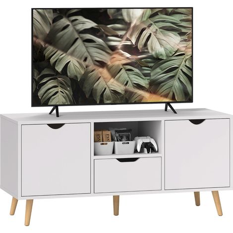 Meuble TV mobile 50 pouces avec tiroir, étagère ouverte et armoires, dimensions 110x40x50 cm, blanc et bois (1/5)