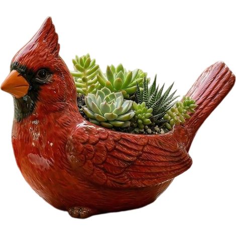 Vaso da fiori in resina a forma di grazioso uccellino rosso per piante