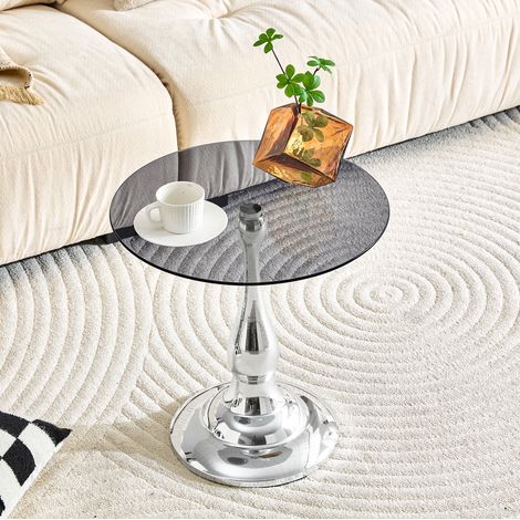 Mesa auxiliar redonda de cristal 50x50x51.5 cm, tablero de vidrio templado, base metálica, plateado (1/5)