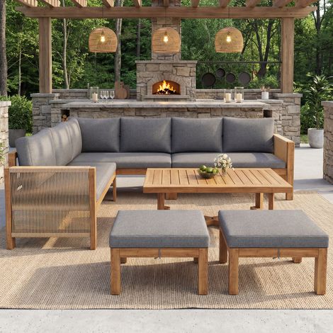 Set de Mobilier de Jardin Modulaire en Bois d'Acacia, Canapé en Coin 6 Places avec Coussin, 2 Hockers & Table en Bois d'Acacia, Respirant & Résistant à l'Eau Vaporisée, Terrasse/Jardin (1/5)