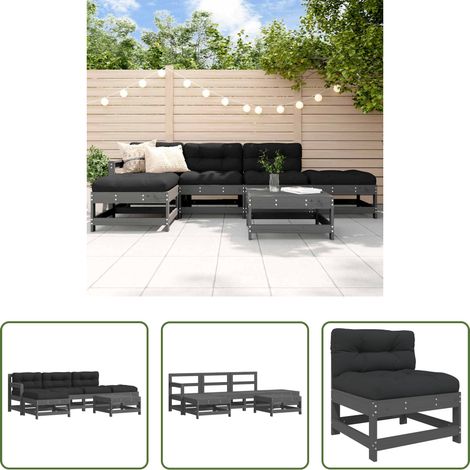 vidaXL Gartenstuhl - 6-tlg. Garten-Lounge-Set mit Kissen Grau Massivholz (1/5)