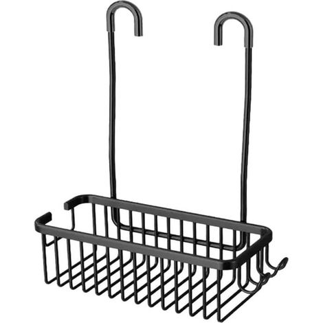Étagère de douche suspendue sans perçage, organiseur de salle de bain en acier inoxydable avec crochets, rangement pour douche, noir (1/5)