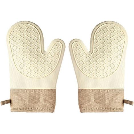 Guantes de cocina resistentes al calor - Manoplas para horno - Seguros para cocinar - Silicona apta para alimentos - 28 x 18 cm - Beige (1/5)