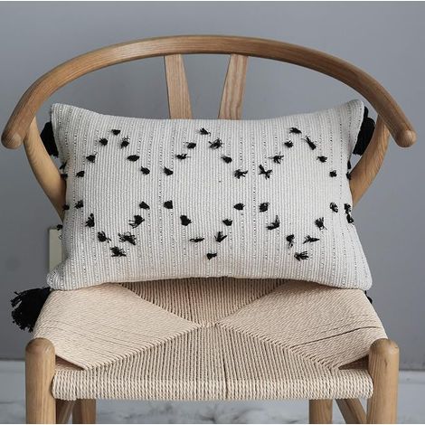 Housse de Coussin Bohème, Pompons, 30x50 cm, Coton Tissé, Noir et Blanc, Décor pour Canapé, Lit, Salon (1/3)