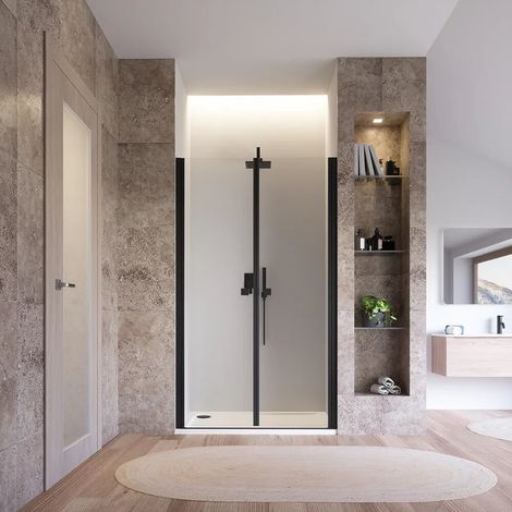 Porte de douche 80 cm à ouverture saloon avec profilés noir mat et verre transparent 8 mm h195 Fiji (1/3)