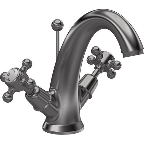 Hudson Reed Topaz Dome Mono Basin Mixer Tap Dual Handle with Pop Up Waste - Brushed Pewter (1/2)