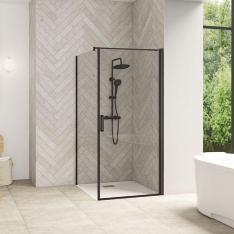 Pared lateral fija Kinedo Smart Design, 80 cm, perfil negro, vidrio transparente - para montaje en esquina