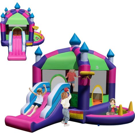 COSTWAY 5 en 1 Château Gonflable avec Toit & Toboggan, Aire de Jeux Gonflable avec Piscine & Panier de Basketball, Maison de Rebond, Charge 90kg pour 2 Enfants de 3-10 Ans, 385x332,5x300CM