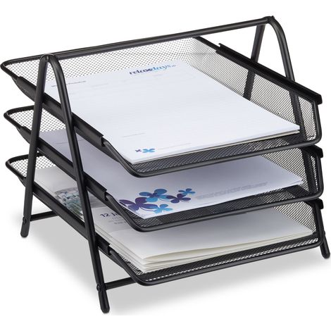 Relaxdays – Corbeille à courrier métal 3 niveaux – Trieur documents A4 – Design en treillis noir – Rangement bureau et maison