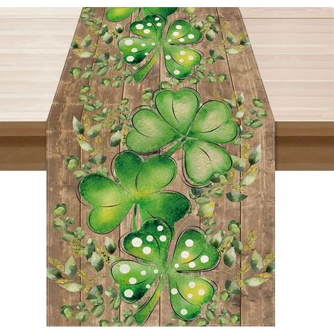 Runner De Table - Feuilles D'eucalyptus Et Trèfles Verts Sur Fond Grains De Bois - Décoration Intérieure Pour Cuisine Salle À Manger - 13 x 72 Pouces (1/5)