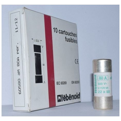Fusible 80A cartouche 22X58mm aM usage industriel (boite de 10) HPC 120kA 500V avec percuteur EBENOID 060580 (1/2)