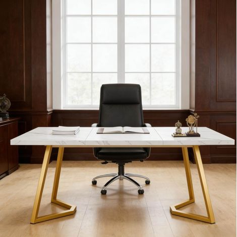 Bureau d'ordinateur 140 x 80 x 75 cm en métal et bois, blanc et doré, avec patins réglables OKMYHOME (1/5)