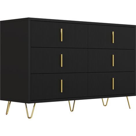 Sideboard moderno con 6 cassetti, pannello truciolare nero e oro, 120 cm (1/5)