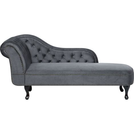 Chaise longue tapizado en terciopelo gris con botones versión izquierda Nimes