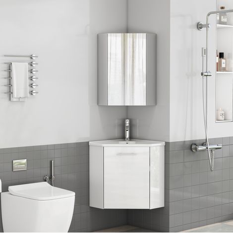 Meuble vasque d’angle 41,5x41,5x50 cm MDF blanc brillant, gain de place – MEUBLIV (1/5)