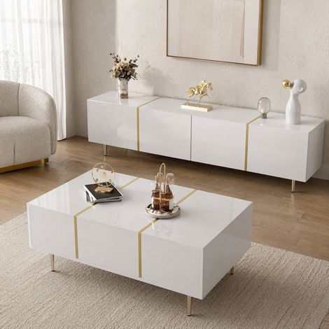 Mobile TV e tavolino bianco laccato, MDF, 2 pezzi DESVIAE (1/5)