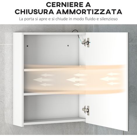 Armoire murale salle de bain avec LED miroir 1 porte, 2 étagères intérieures, MDF blanc, dimensions 60x50x15 cm (1/5)