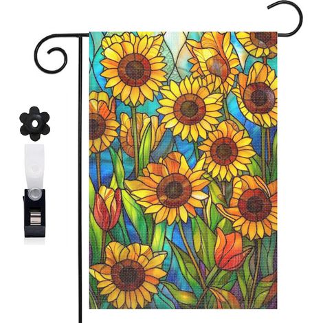 Bannière de cour Welcome et tournesols jaunes en vitrail 30 x 45 cm décoration porche et maison (1/5)