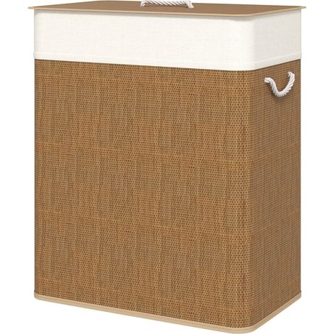 Panier à linge en bambou avec couvercle et sac amovible 100 L, poignées corde, pour buanderie et salle de bain, couleur marron (1/5)