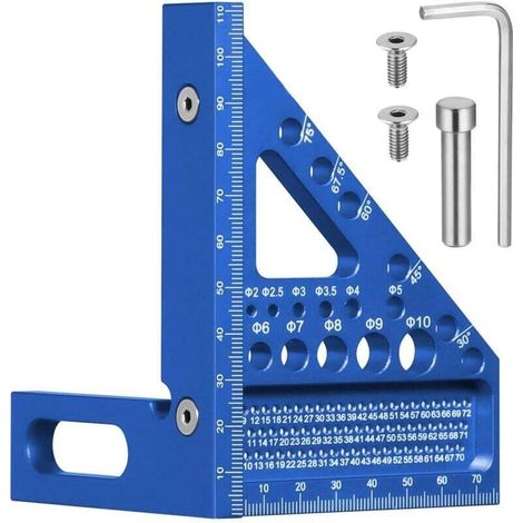 Squadra da carpentiere multi-angolo 3D con perni nascosti, 22,5-90 gradi, lega di alluminio, con modello di foratura per 11 diversi tipi di fori, blu (1/4)