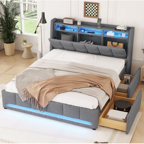 Cama tapizada 140/200 cm gris de lino y MDF con LED, USB y cajones (1/5)