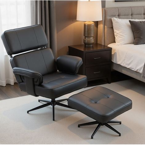 Liegesessel mit Hocker 91x79x89 cm schwarz Kunstleder mit verstellbarer Kopfstütze (1/4)