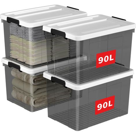 90L4 Boîte de Rangement, Bac de rangement avec Poignée, Plastique Organisateur avec Couvercle, Empilable, Transportable, pour Vêtements, Bureau, Dortoirs, Transparent Noir, 90L - Lot de 4 (1/5)