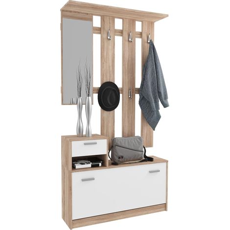 Mobile Belem Mobiletto da Ingresso con Scarpiera Appendiabiti e Specchio Arredo Arredamento Corridoio Entratina 97 x 35 x 25 cm (Bianco e Grigio Cemento) - Colore: Bianco e Quercia