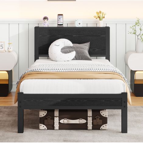 DESVIAE Lit simple plateforme avec tête de lit et rangement 90 x 200 cm métal et MDF noir et brun rustique (1/4)