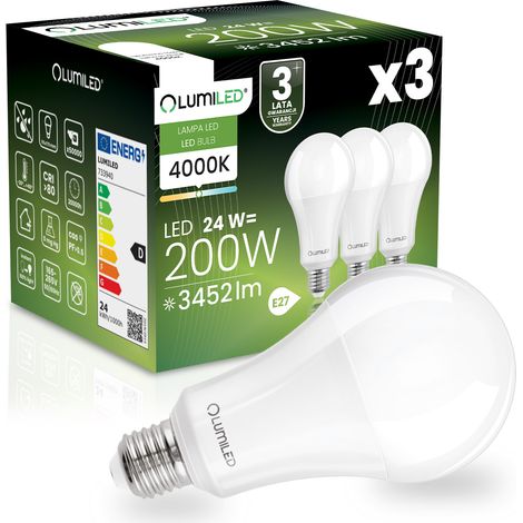 3 bombillas LED E27 A95 24W = 200W 3452lm 4000K Neutro 260° lumiled (1/5)
