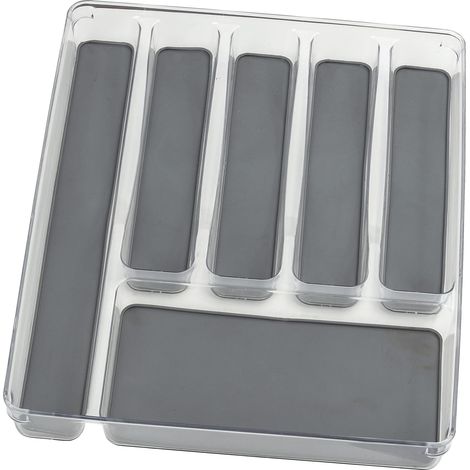 Range-Couverts avec 6 Compartiments - Insert pour Couverts, pour tiroirs, en Plastique (Pet), 32 x 4.5 x 40 cm, Bac Transparent et Fond Compartiments Gris (1/5)