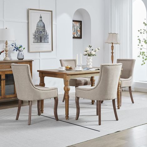 Sedia da pranzo in chenille beige con schienale alto e gambe in legno massiccio,61×55×92.5cm (1/5)