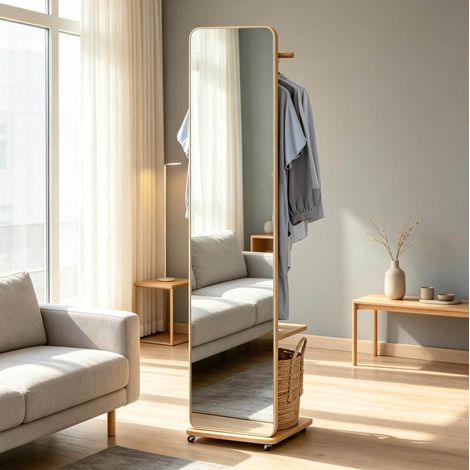 Miroir sur pied mobile avec portant, étagère et 4 crochets, bois clair (1/5)