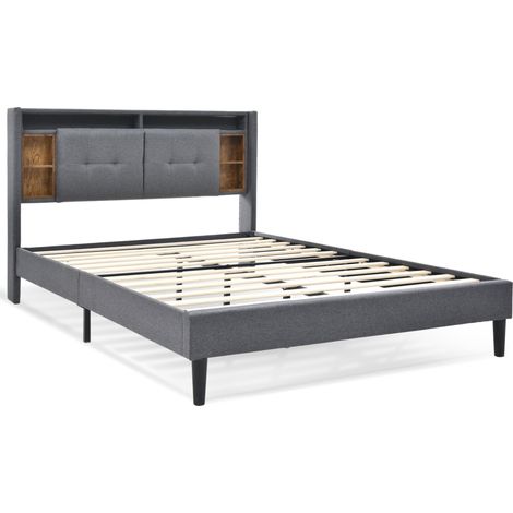 Cama doble capitoné con cabecero de almacenaje, USB y LED, 140 x 200 cm, gris (1/5)