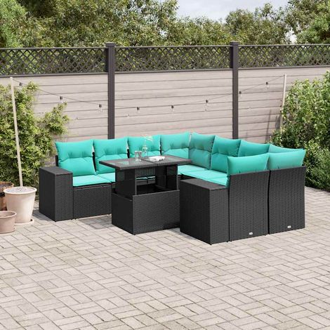 9-teiliges Gartensofa-Set mit Kissen, schwarzes Polyrattan (1/5)